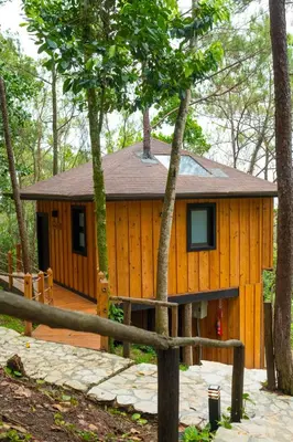 a wooden cabin in the woods with a fence at The Grand Forest Jarabacoa in Jarabacoa