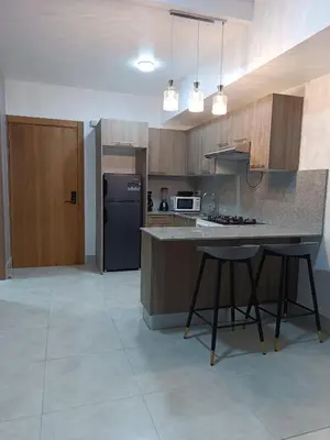 a kitchen with a counter and a stove and a refrigerator at Boca del Mar III, apto 707 in Boca Chica