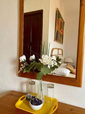 a table with a vase with white flowers in a mirror at Hotel Angel Gabriel in Boca Chica