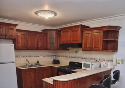 a kitchen with wooden cabinets and a white microwave at Three-Bedroom Apartment 3 in Santo Domingo