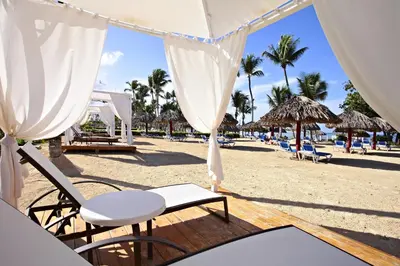 a beach with chairs and umbrellas and palm trees at Bahia Principe Grand La Romana - All Inclusive in La Romana