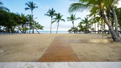a sandy beach with palm trees and the ocean at Bahia Principe Grand El Portillo - All Inclusive in Las Terrenas
