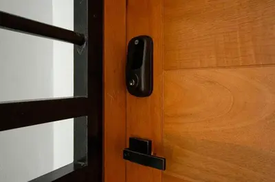 a close up of a wooden door with a handle at APT 3 HAB Avenida España Piso 1 in La Viva