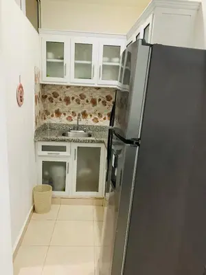 a kitchen with a stainless steel refrigerator and white cabinets at Apartamento Familiar in San Felipe de Puerto Plata