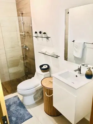 a bathroom with a toilet and a sink and a shower at Hermoso Apartamento cerca de la playa, Restaurantes, Supermercados, Restaurantes, Aeropuertos, parqueo gratis in Boca Chica