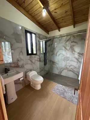 a bathroom with a shower and a toilet and a sink at Villa RG in Jarabacoa