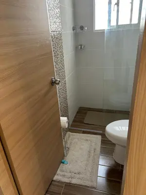 a bathroom with a toilet and a glass door at Samana Complexes Los Robles VII in Los Paredones