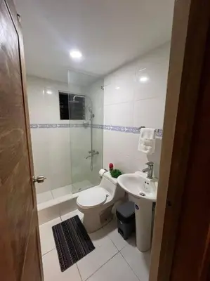 a bathroom with a shower and a toilet and a sink at Apartamento Lujoso En San Pedro de Macoris in San Pedro de Macorís