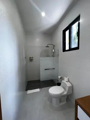 a white bathroom with a toilet and a window at Villas Montemar - Villa Sol in Las Terrenas
