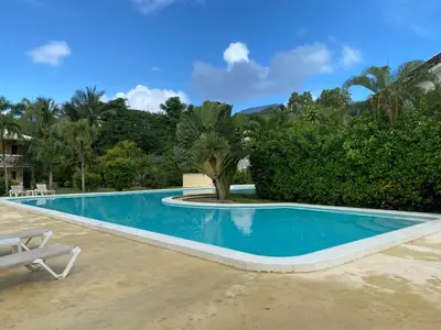 a swimming pool in a resort with a palm tree at Appartement Paraiso 150m playa ballenas in Las Terrenas