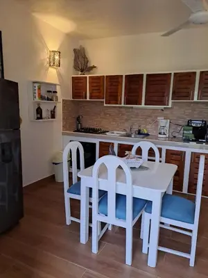 a kitchen with a white table and two chairs at Appartement Paraiso 150m playa ballenas in Las Terrenas