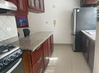 a kitchen with wooden cabinets and a stainless steel refrigerator at Santuario Tropical at Marino Paradise in La Puntica de Juan Dolio