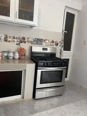 a kitchen with a stainless steel stove and white cabinets at Rancho silvestre in Monte Plata