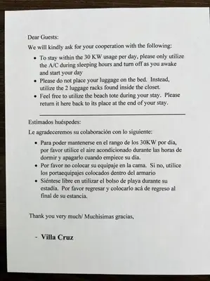 a white piece of paper with a letter at Villa Cruz in Las Galeras