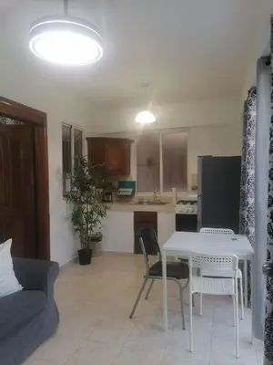 a living room with a table and chairs and a kitchen at Fantastic with Terrace in the colonial zone in Santo Domingo