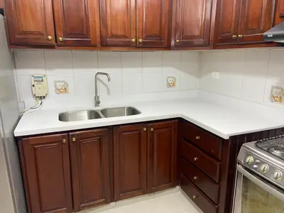 a kitchen with wooden cabinets and a sink at Apartamento en Arroyo Hondo viejo in Santo Domingo
