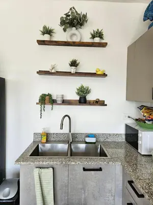a kitchen with a sink and some plants on the wall at Las Terrenas Paradise in Las Terrenas