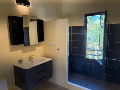 a bathroom with a sink and a shower with a window at Okaina 7 Penthouse in Cabarete
