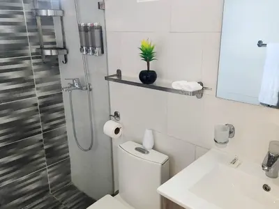 a bathroom with a shower and a toilet and a sink at Lindo 1BD apt in Bella Vista with Pool, Rooftop,Gym,Parking in Santo Domingo