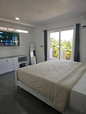 a bedroom with a large bed and a television at Andys Villa in Naime 3 in San Pedro de Macorís