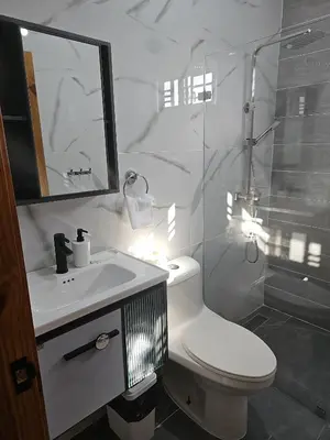 a bathroom with a toilet and a sink and a shower at Andys Villa in Naime 3 in San Pedro de Macorís