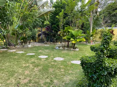 a garden with stepping stones in the grass at Beautiful Villa with Mountain view in San Felipe de Puerto Plata