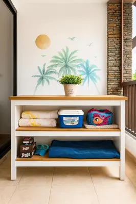 a white shelf with palm trees on the wall at Ocean Front Escape in Las Terrenas