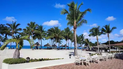 a beach with chairs and palm trees and the ocean at Lovely apartment by the Caribbean in Bayahibe