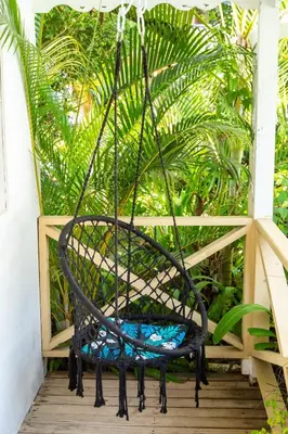 a swinging chair on a porch with plants at Beach Hotel Casa Nina in Las Terrenas