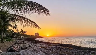 a sunset on a beach with palm trees and the ocean at Apartamento Playa Juan dolio in Villas del Mar