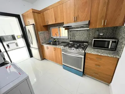 a kitchen with a stove and a microwave at Modern and luxurious house in Santiago in Santiago de los Caballeros