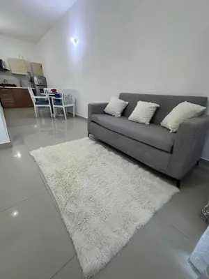 a living room with a couch and a white rug at Apartahotel-E vista catalina in La Romana