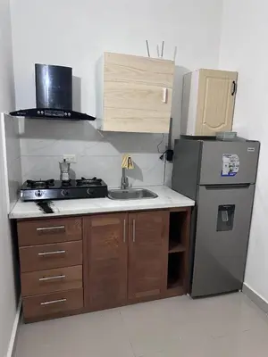 a small kitchen with a sink and a refrigerator at Apartahotel-E vista catalina in La Romana