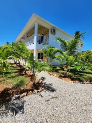 a white house with palm trees in front of it at Bella Villa room with kitchenette, pool and close to the beach in Las Galeras in Las Galeras