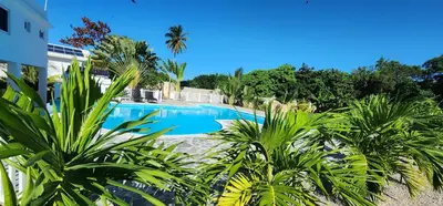 a swimming pool in a resort with palm trees at Bella Villa room with kitchenette, pool and close to the beach in Las Galeras in Las Galeras