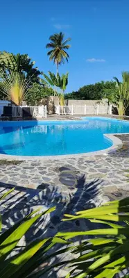 a large swimming pool with palm trees in the background at Bella Villa Apart for 2 with kitchen pool and close to the beach in Las Galeras