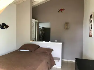 a bedroom with a bed and a mirror at Villa Bianca - BEACHFRONT with Pool in Sosúa