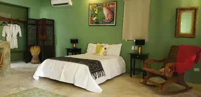 a green bedroom with a bed and a red chair at Boho villas and spa in El Valle