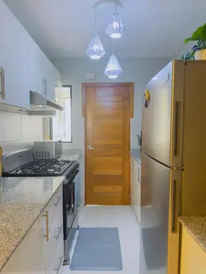 a kitchen with a refrigerator and a wooden door at Excelente Apartamento Completo Renta Carro Disponible in La Viva