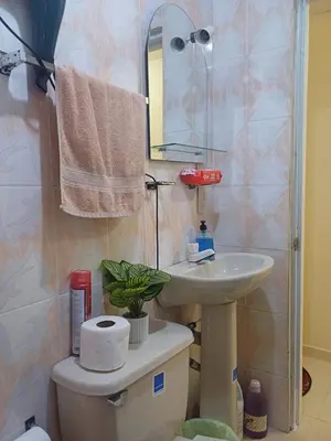 a bathroom with a sink and a toilet and a mirror at Dona Beba Guesthouse in La Caleta
