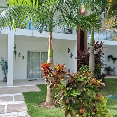 two palm trees in front of a house at Flamingo Villa in Boca Paraiso in Boca Chica