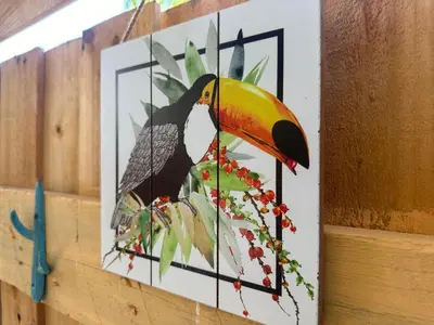 a painting of a toucan on a wall at Buen Hombre Kite School with Accommodations in La Costa de Buen Hombre