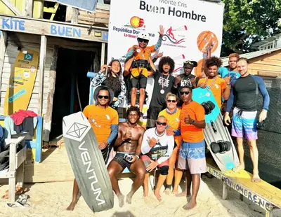 a group of people posing for a picture on the beach at Buen Hombre Kite School with Accommodations in La Costa de Buen Hombre