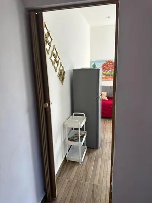 a door leading into a room with a refrigerator at Damaris Bed & Breakfast in Las Terrenas