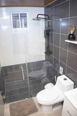 a bathroom with a shower with a toilet and a sink at Beautiful condo in La Vega in Concepción de La Vega