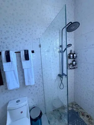 a bathroom with a shower and a toilet at Beautiful ocean and mountain view villa in Gaspar Hernández