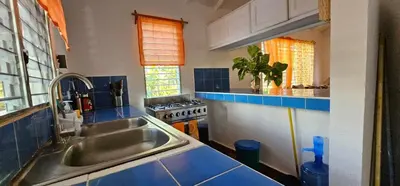 a kitchen with a sink and a stove at Villa Jardín Tropical in Las Galeras
