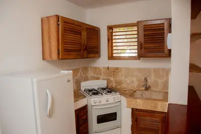 a kitchen with a stove and a white refrigerator at Paradiso del Caribe Apartments A1 and A2, Your Perfect Stay in Las Galeras in Las Galeras