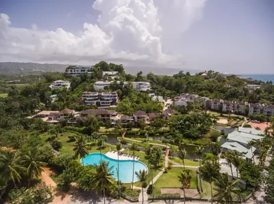 an aerial view of a resort with a pool at Penthouse beach front in Las Terrenas