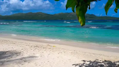 a beach with the ocean and mountains in the background at Villa Ibiscus in Las Galeras